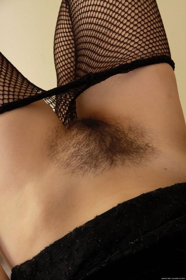 15P Hairy Brunette Babe In Fishnet Stockings And High Heels