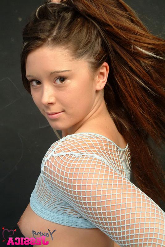 15P Young Jessica in fishnet top and tights