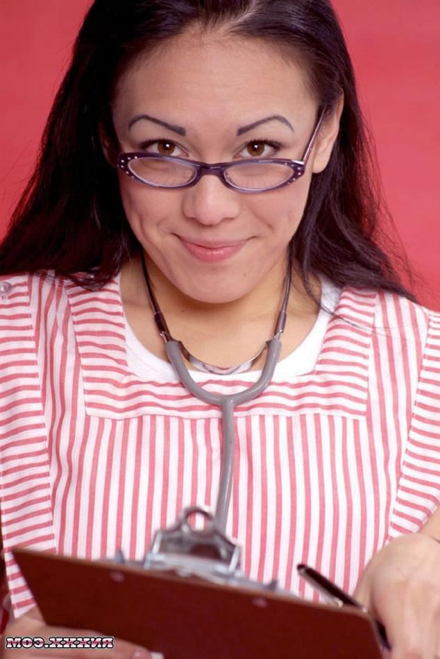 16P Brunette Nurse in Glasses Strips and Shows Pink