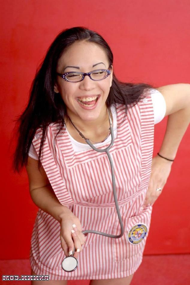 16P Brunette Nurse in Glasses Strips and Shows Pink