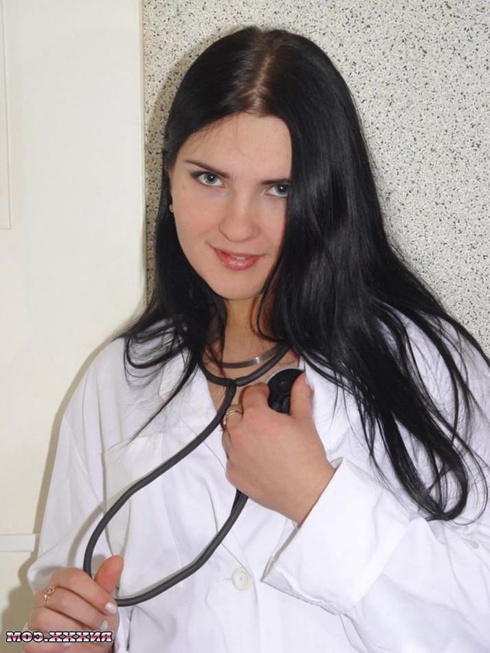 16P Brunette Nurse Strips Down to Her Stockings