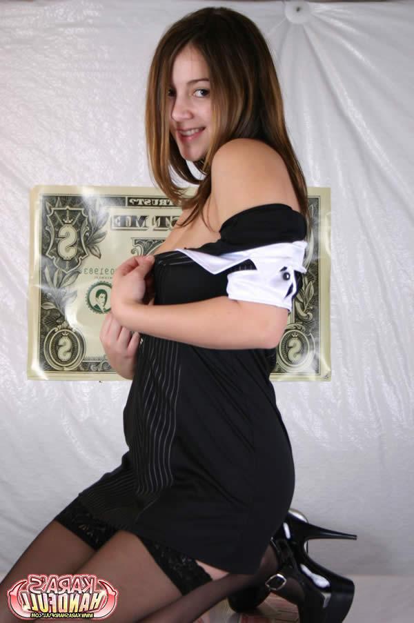 16P Busty brunette teen in black stockings