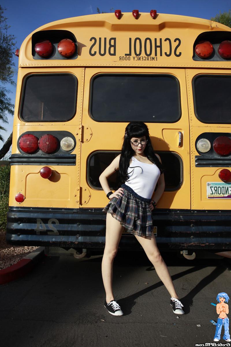 15P Hot Gothic Schoolgirl in glasses flashing on schoolbus