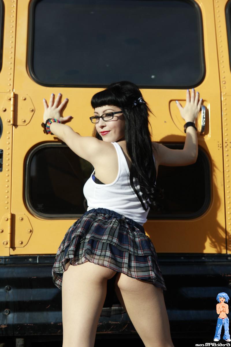 15P Hot Gothic Schoolgirl in glasses flashing on schoolbus