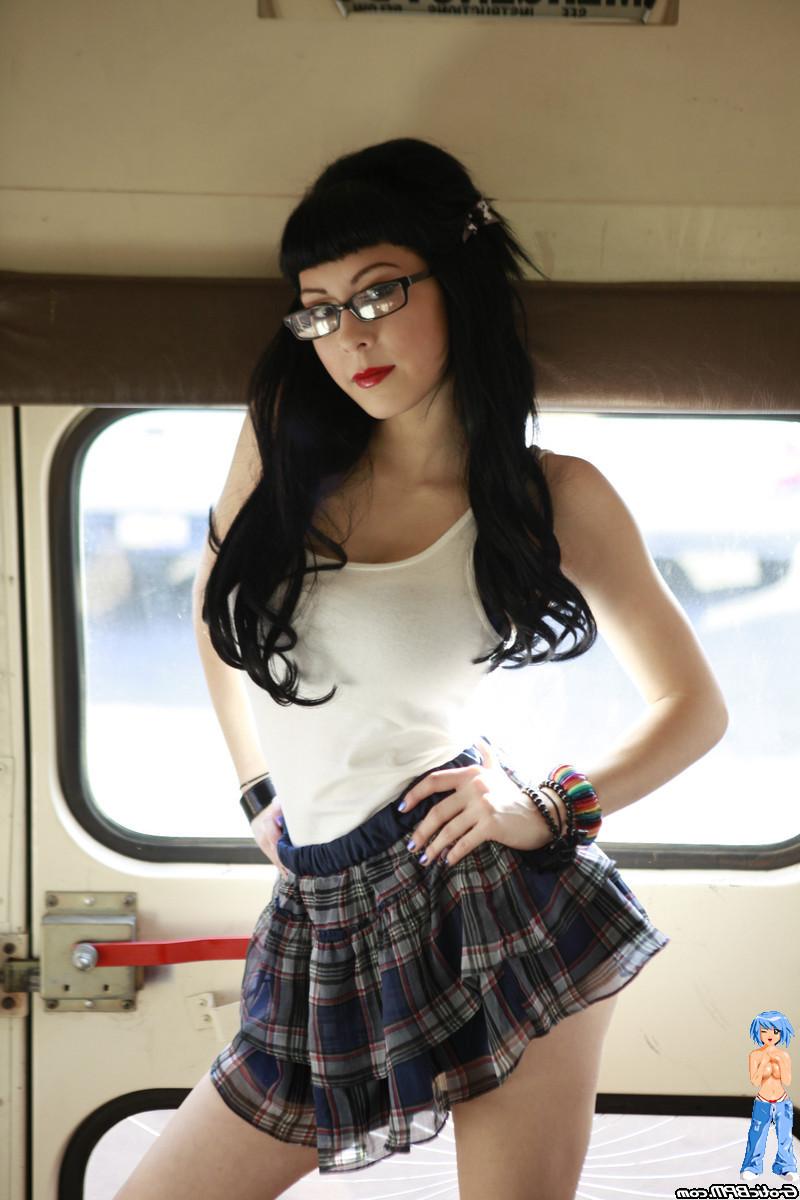 15P Hot Gothic Schoolgirl in glasses flashing on schoolbus