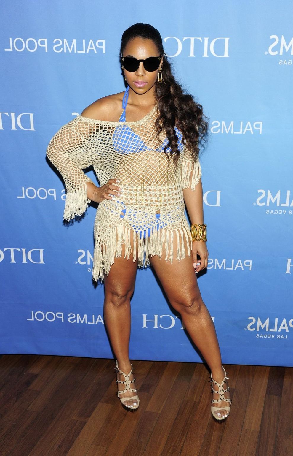 16P Ashanti wearing skimpy blue bikini under fishnet mini dress on Ditch Saturdays a