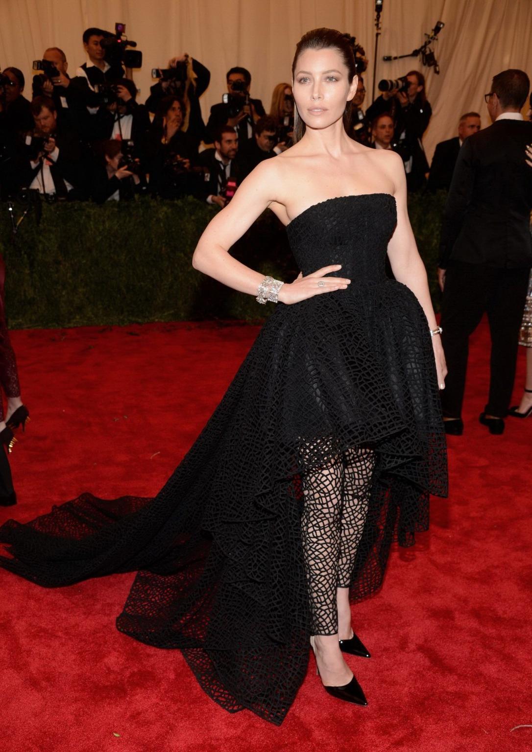 16P Jessica Biel busty and leggy wearing black strapless fishnet dress on 2013 Met G