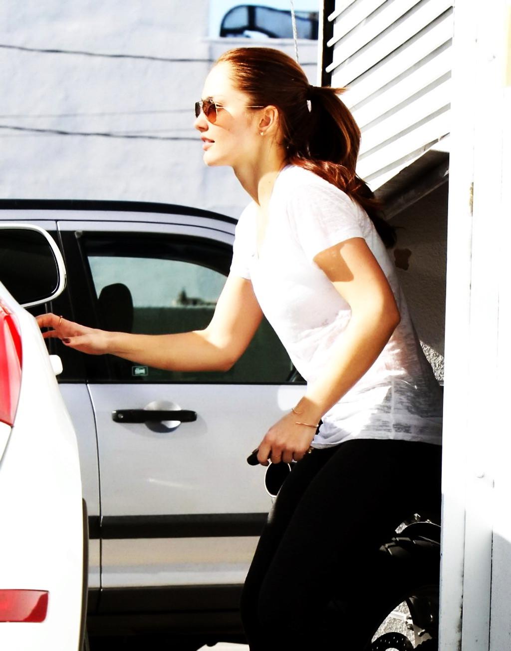 10P Minka Kelly looking hot in tights  see-thru to bra top out of a gym in LA