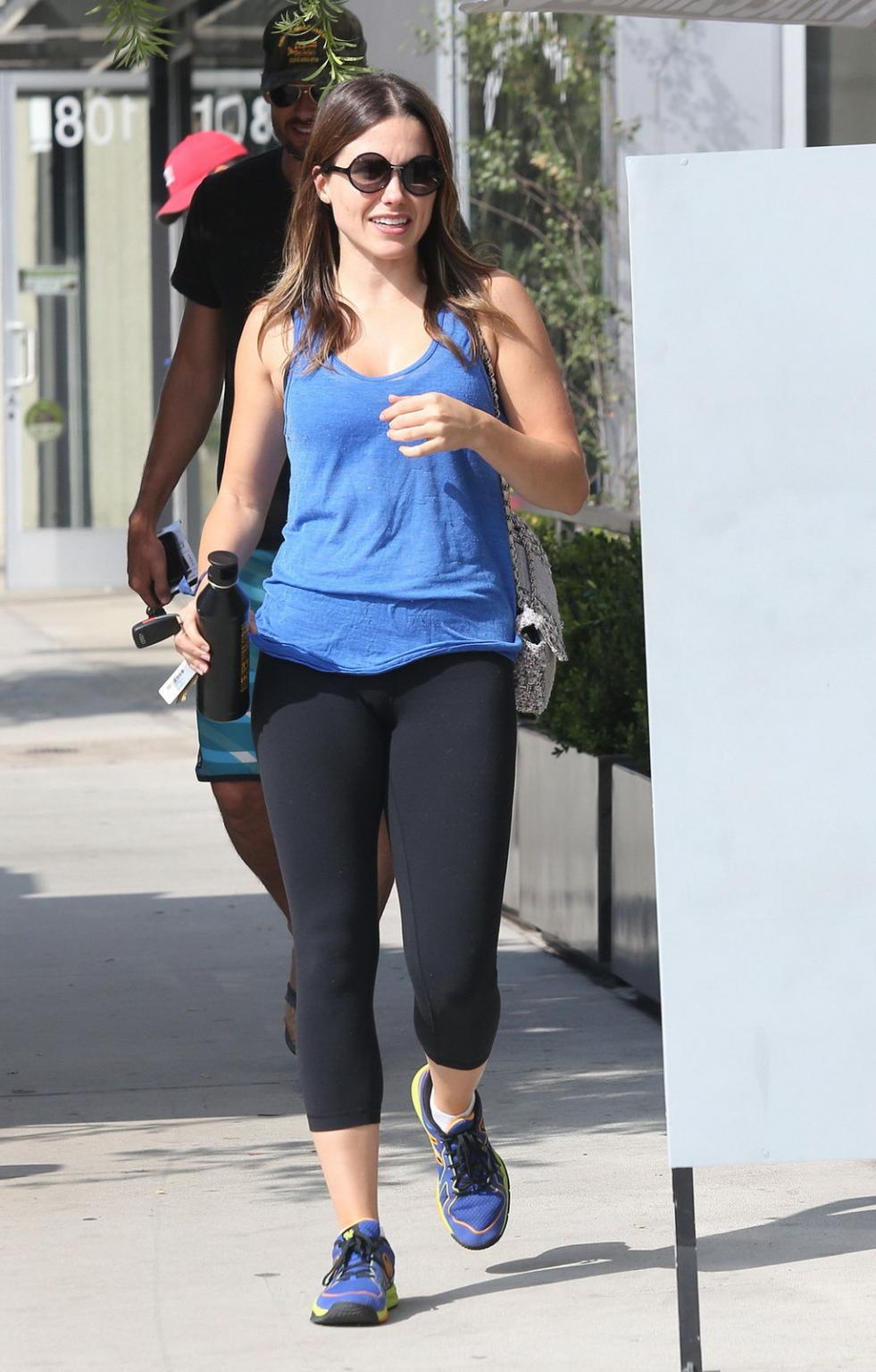 10P Sophia Bush downblouse wearing skimpy top and tights while playing with her dog