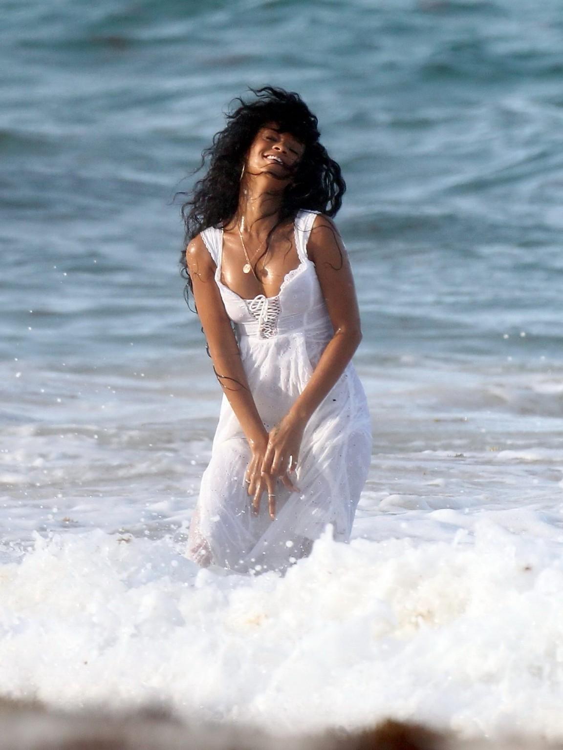 10P Rihanna braless in wet summer dresses filming an ad on a beach in Barbados