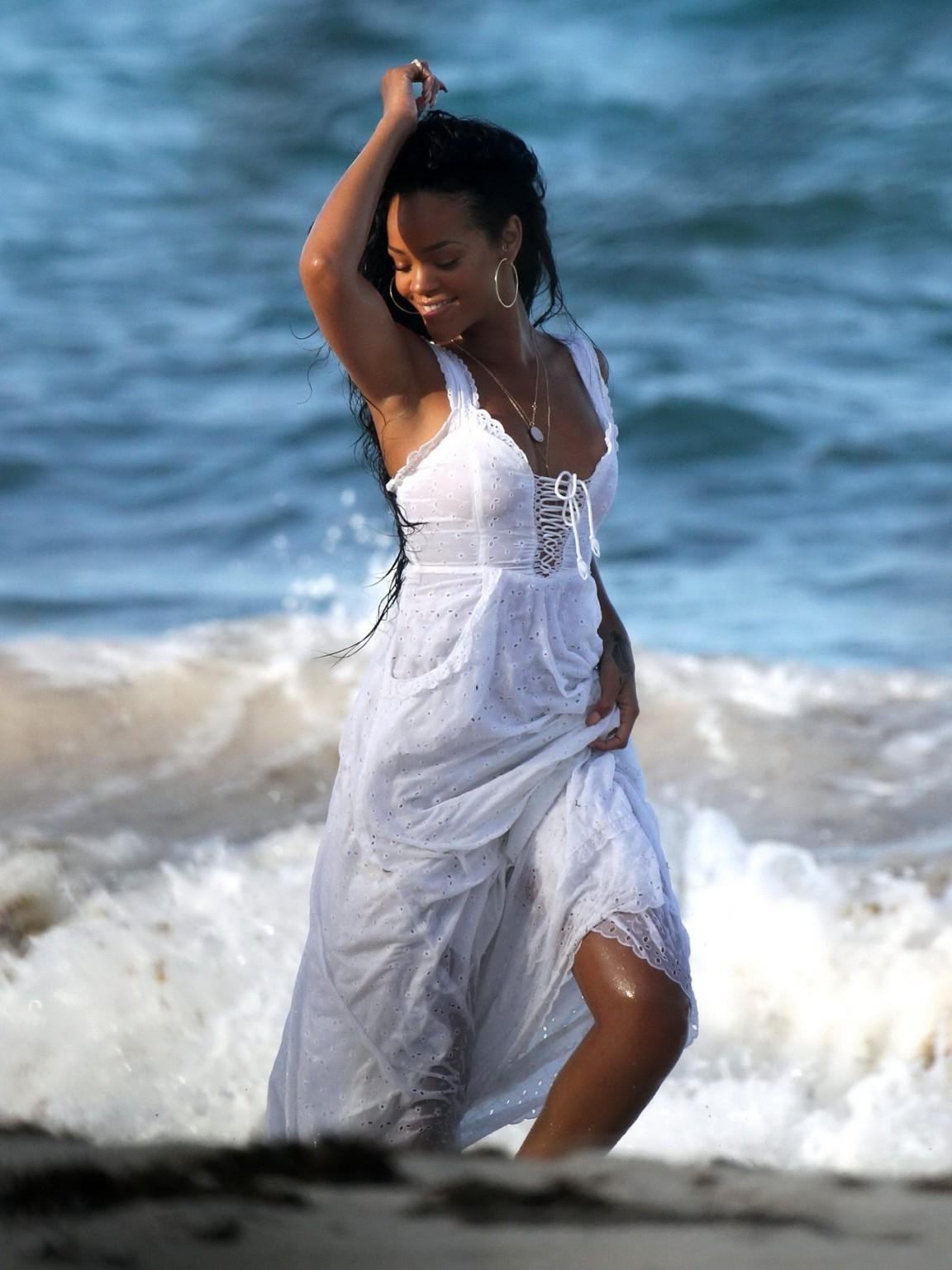 10P Rihanna braless in wet summer dresses filming an ad on a beach in Barbados