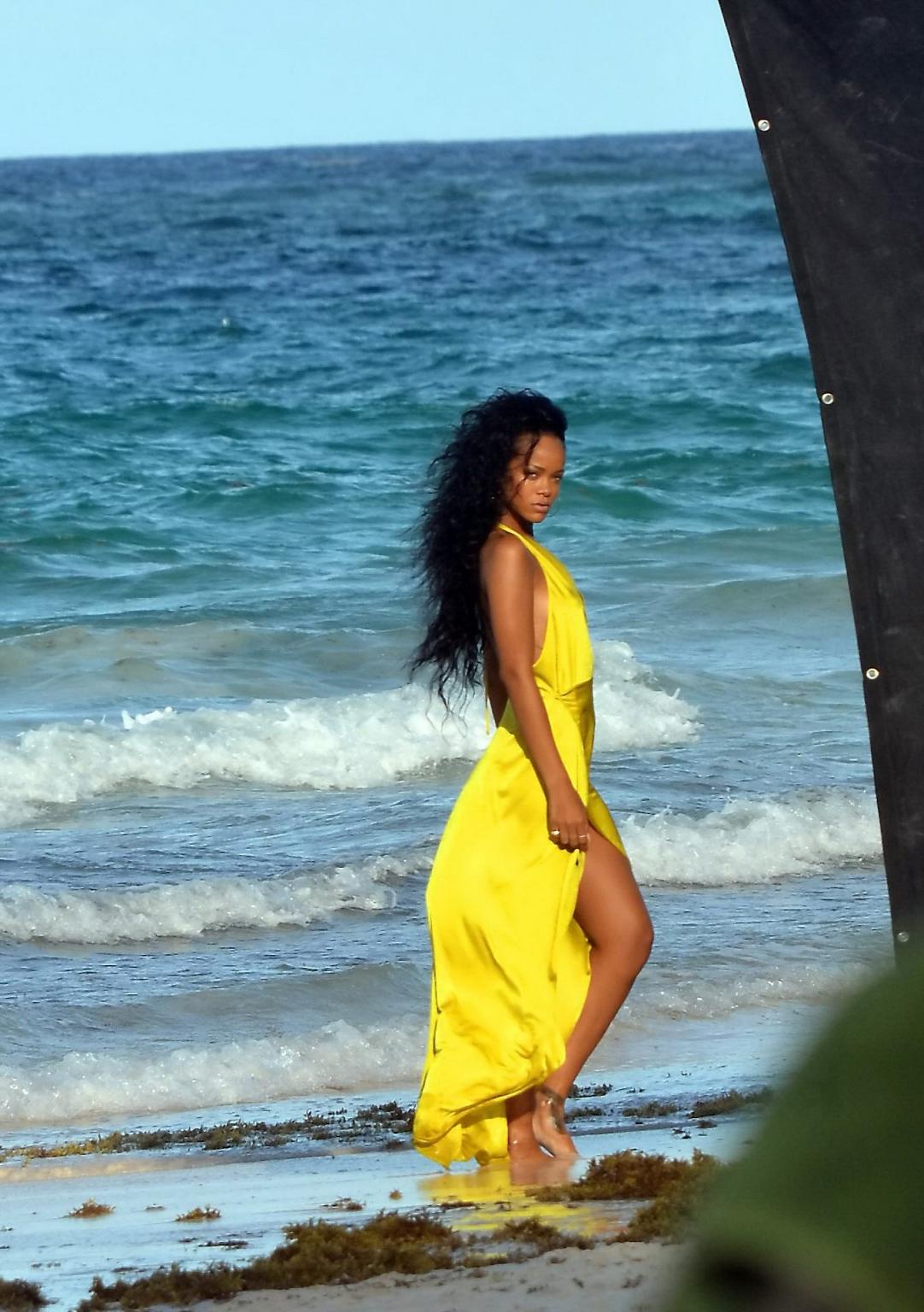 10P Rihanna braless in wet summer dresses filming an ad on a beach in Barbados