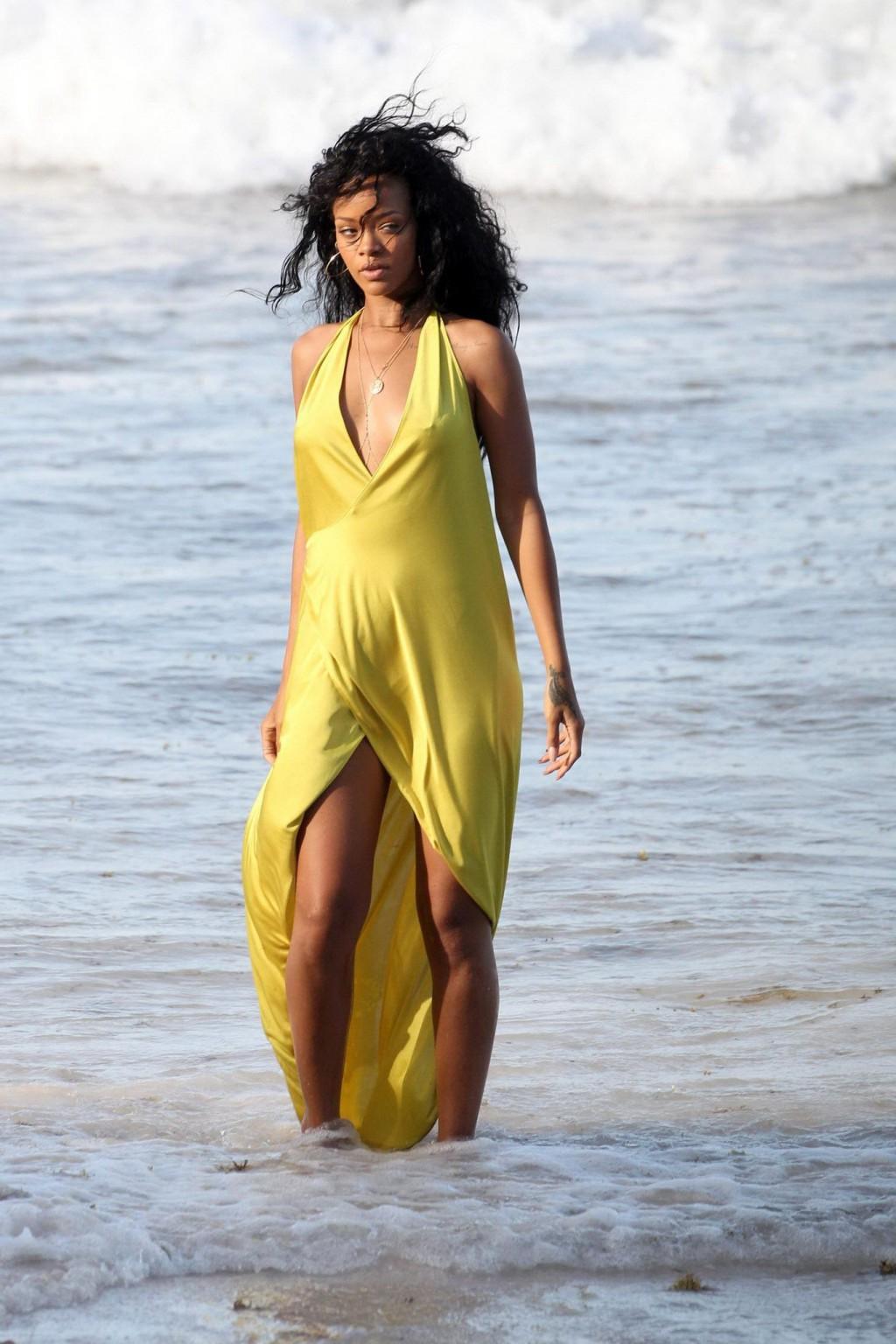 10P Rihanna braless in wet summer dresses filming an ad on a beach in Barbados