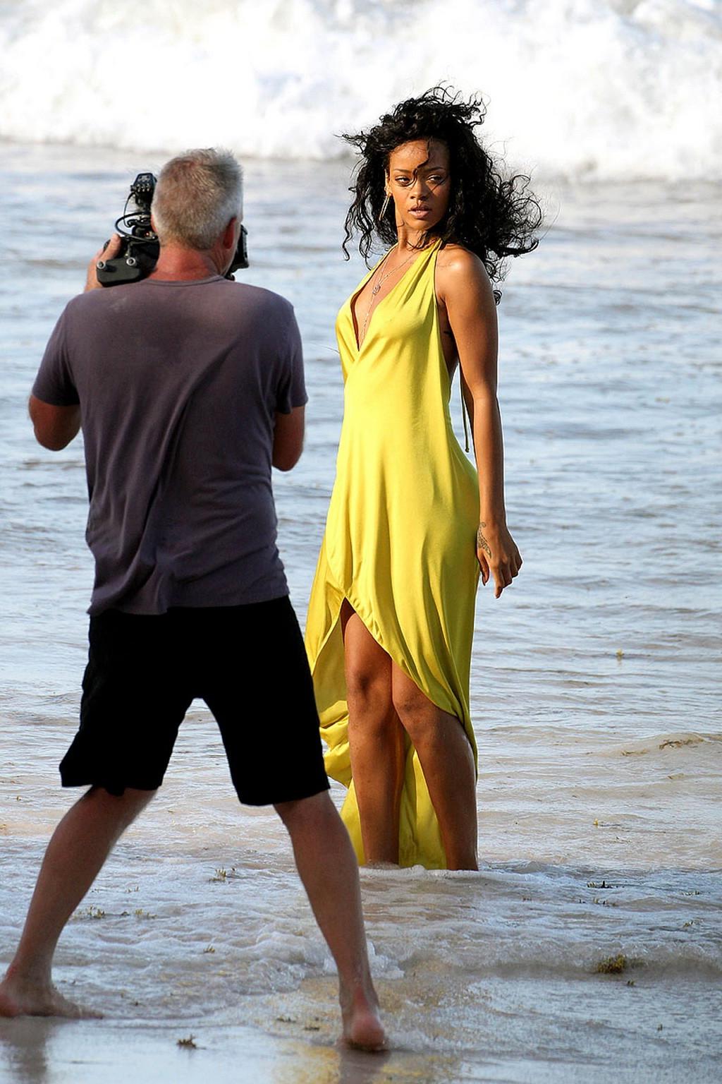 10P Rihanna braless in wet summer dresses filming an ad on a beach in Barbados