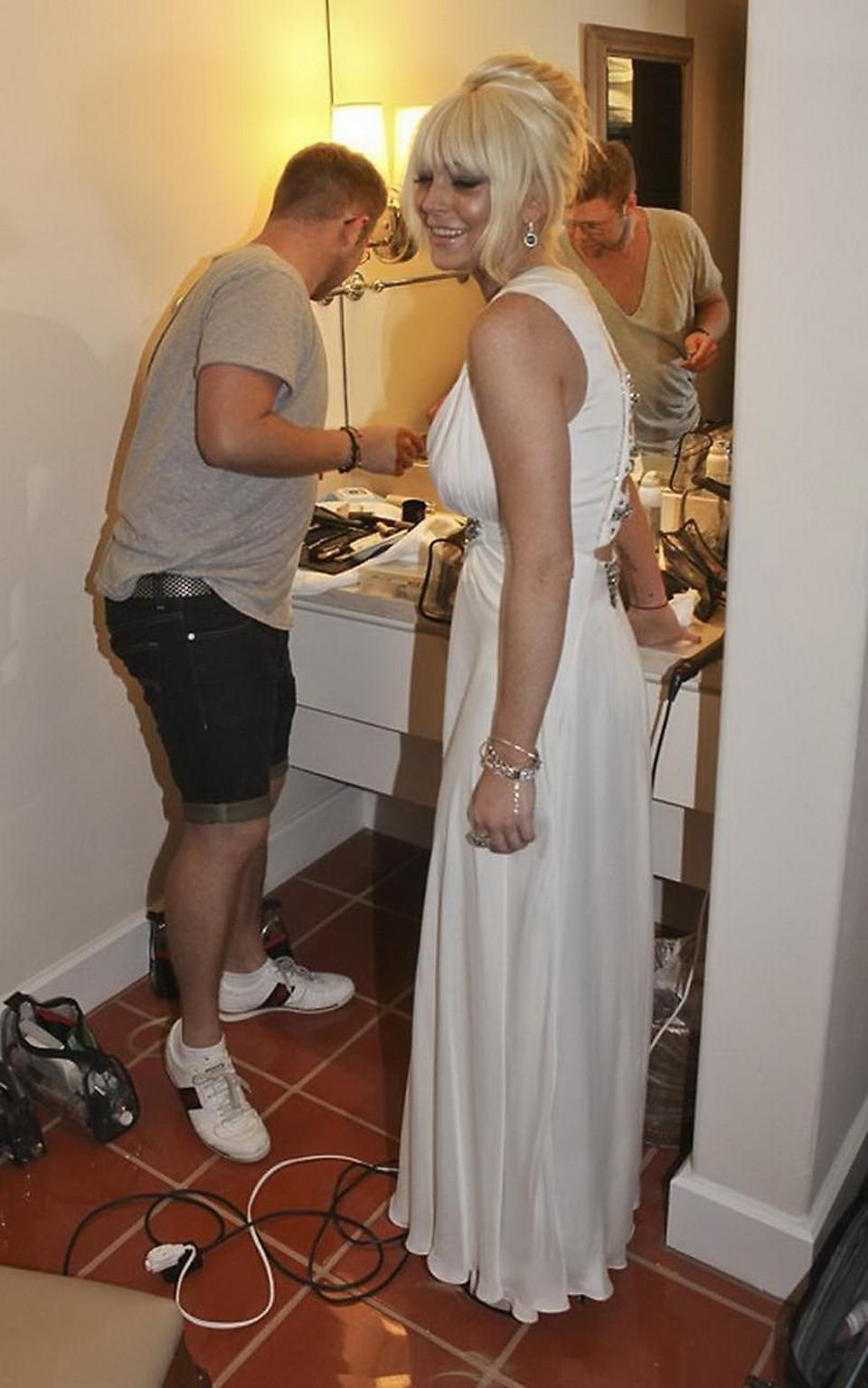 16P Lindsay Lohan busty  braless showing pokies before Kim's wedding in Santa Barbar