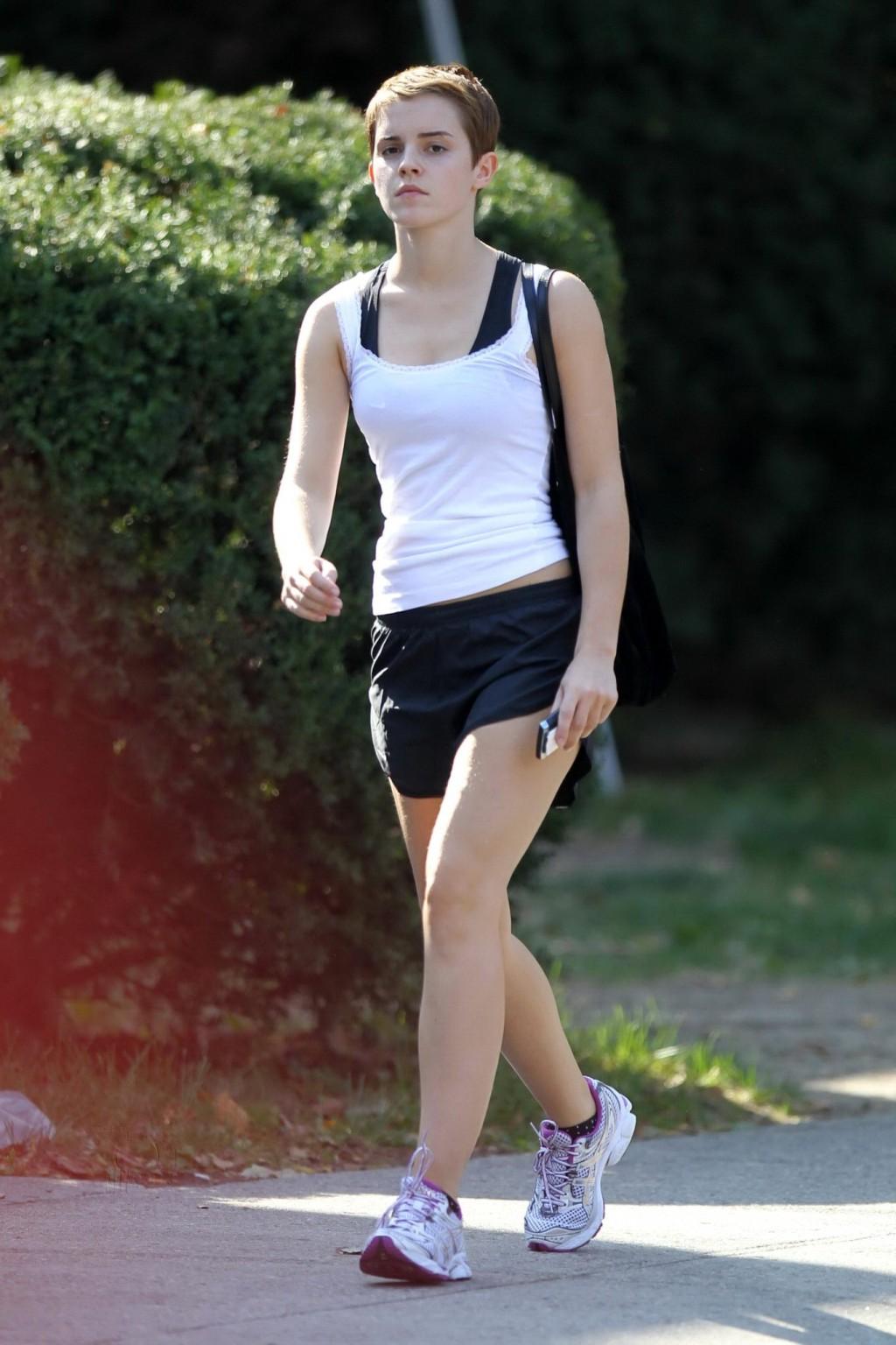16P Emma Watson leggy in shorts after a gym class at Brown University