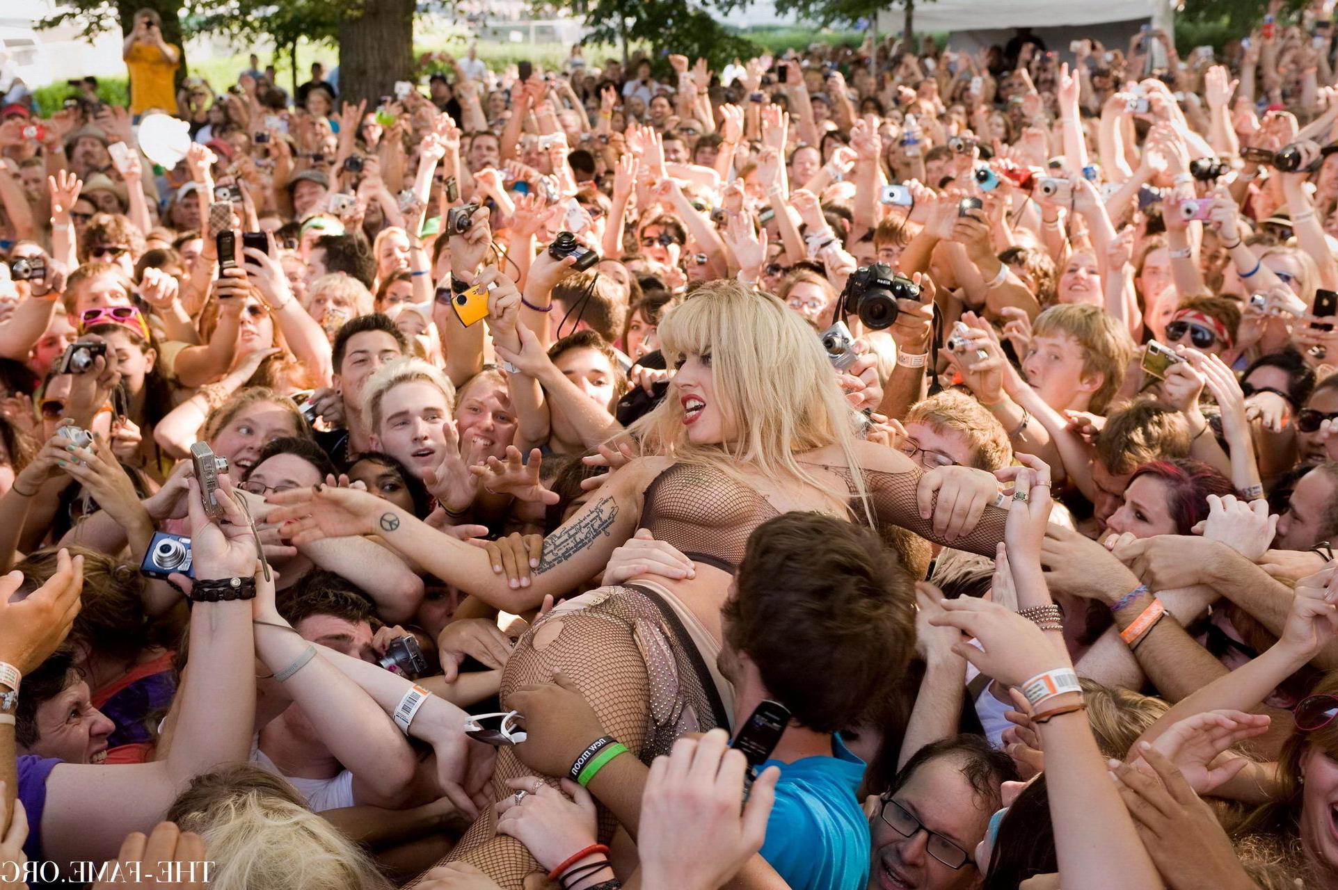 15P Lady Gaga crowd surfing at Lollapalooza wearing just fishnet  nip stickers