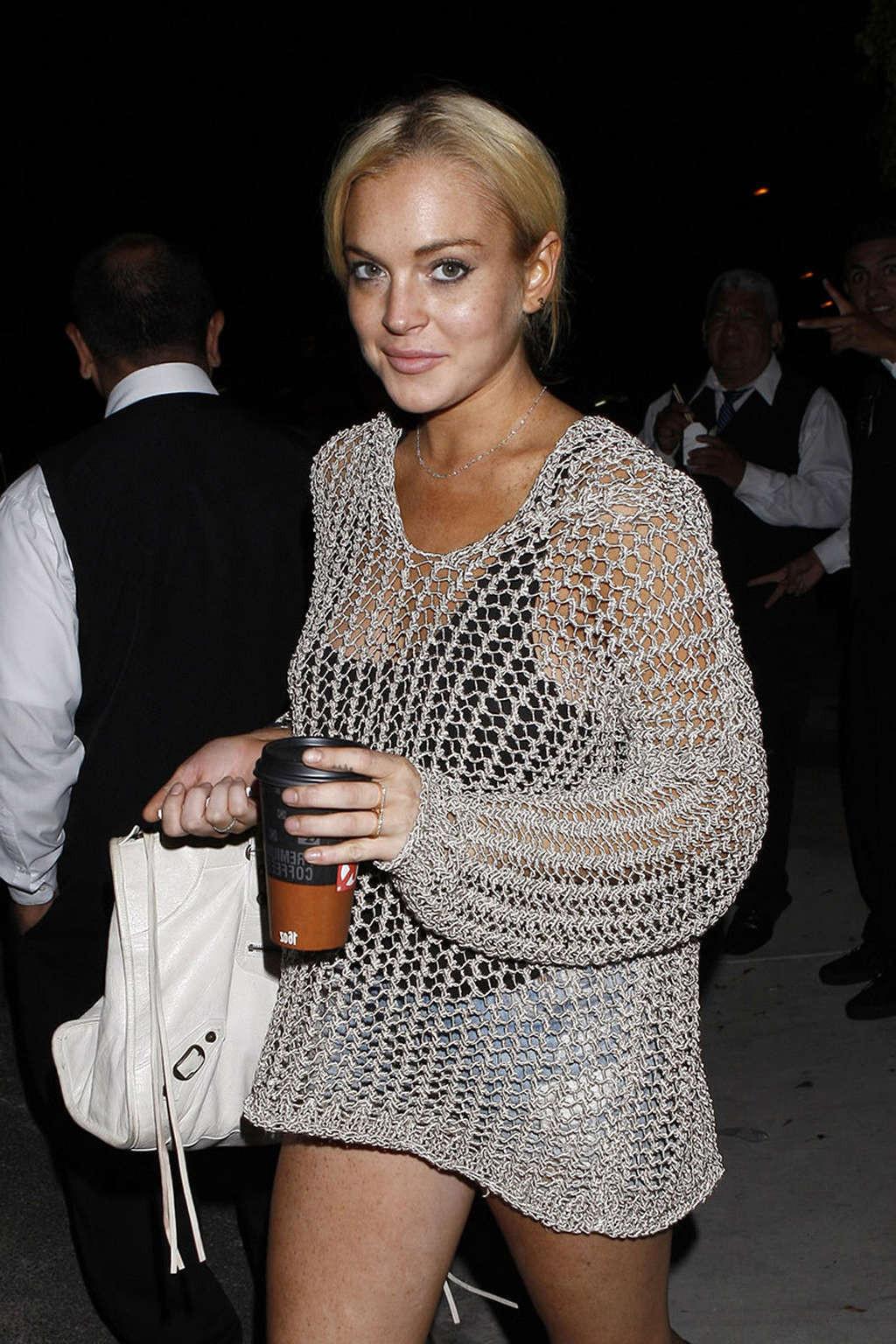 16P Lindsay Lohan in see thru fishnet dress and topless and upskirt