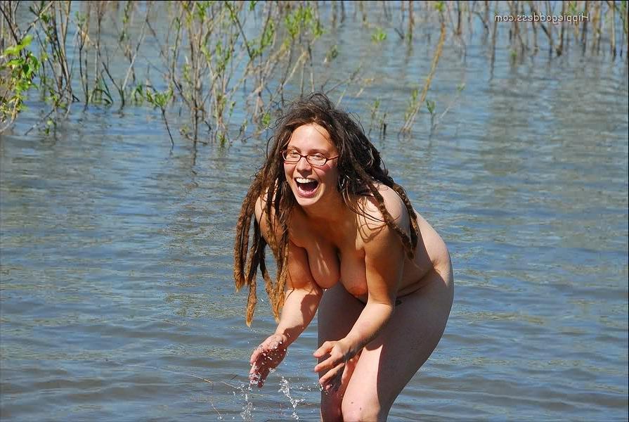 16P Fullbush bbw nudist doing cartwheels fully naked at waters edge