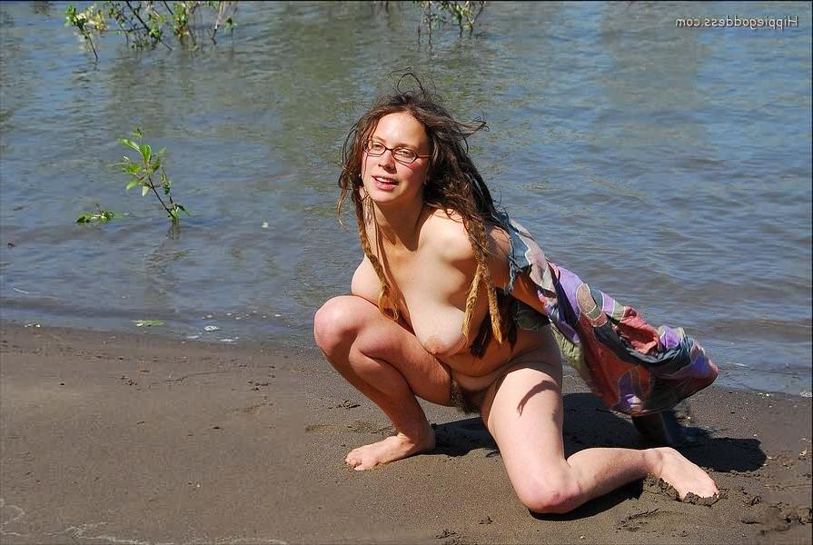 16P Fullbush bbw nudist doing cartwheels fully naked at waters edge