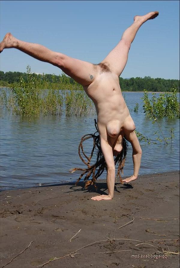 16P Fullbush bbw nudist doing cartwheels fully naked at waters edge