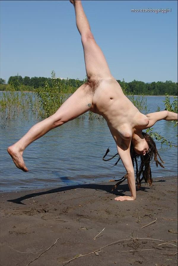 16P Fullbush bbw nudist doing cartwheels fully naked at waters edge