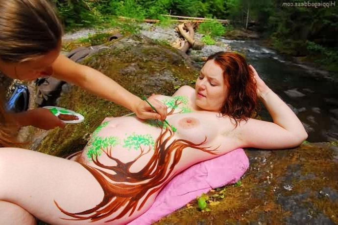 15P Hairy Pregnant Nudist in Body Paint Naked on River Bank