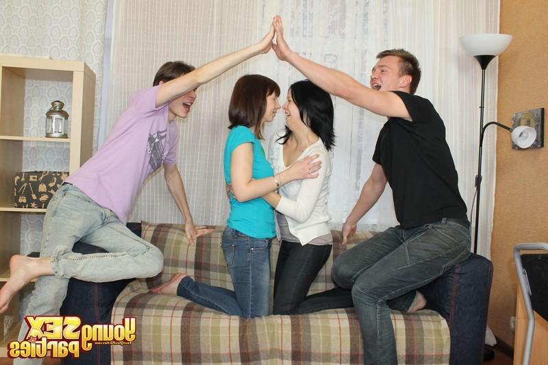 16P Two Russian teen couples have wild sex on a tiny couch at home