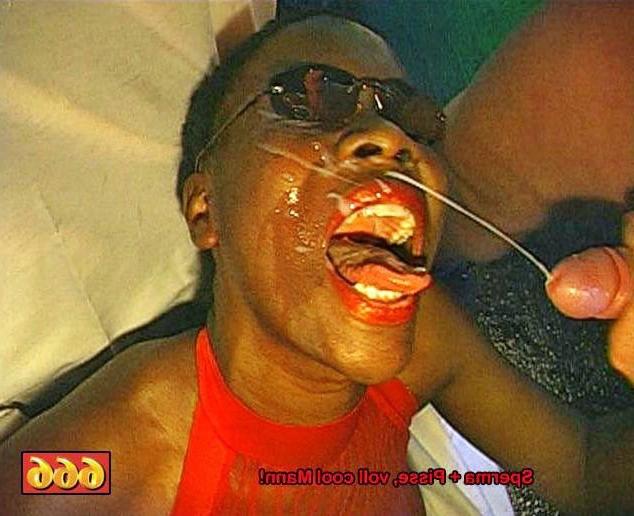 15P Ebony chick in hot bukkake orgy taking cum and piss on her face