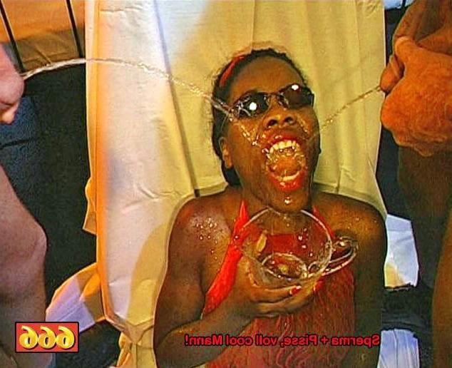 15P Ebony chick in hot bukkake orgy taking cum and piss on her face