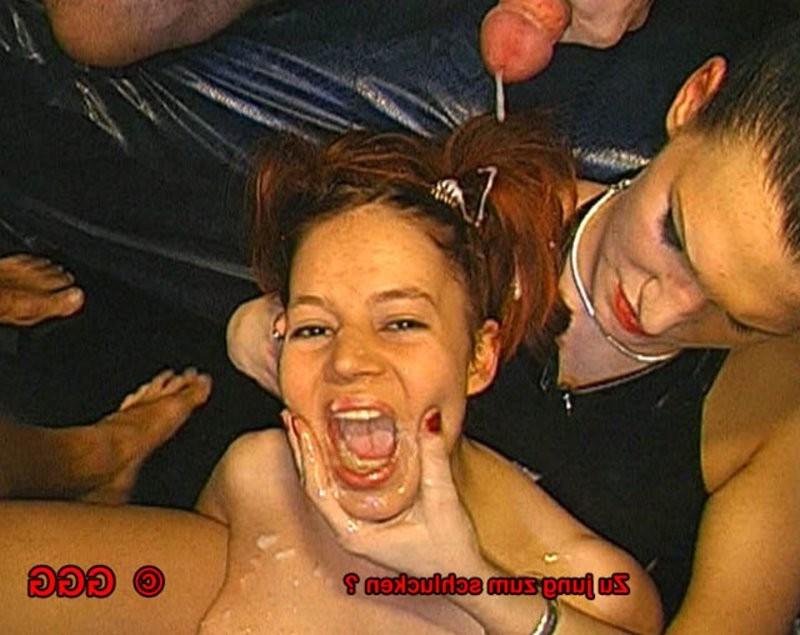 20P Cute brunette German Goo Girl in bukkake orgy