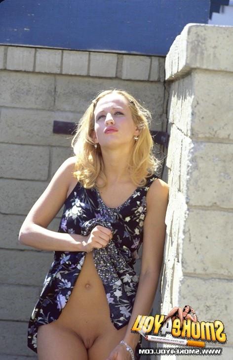 16P Trailer Trash Bunny smokes outside and flashes her pussy