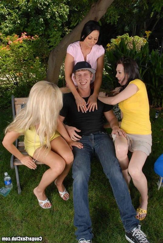15P Pornstar cougars feast on tasty cock in the backyard