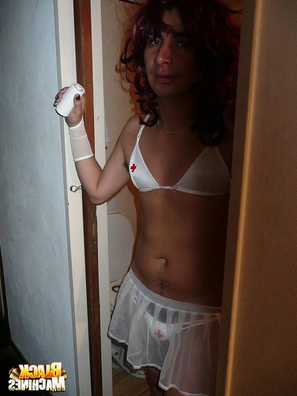 16P Sexy boy-nurse in crimson wig getting assfucked and sucking cum off three large 