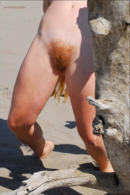 16P Hairy Pussy Redhead Nudist Plays Outdoors on Beach