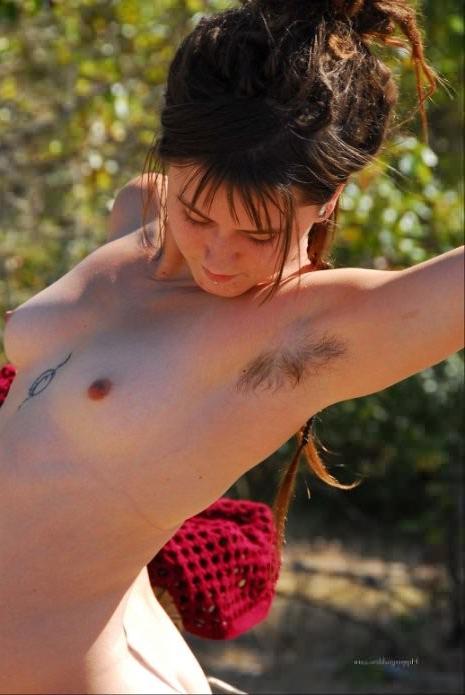 15P Hairy Mini Tit Brunette Nudist Dances Outdoors in the Sunshine