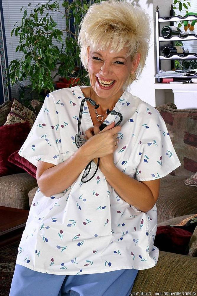 15P Horny old nurse plays with her hairy cunt at work