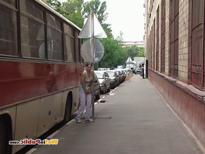 12P Chickie wets her white pants behind a bus as wants to pee desperately