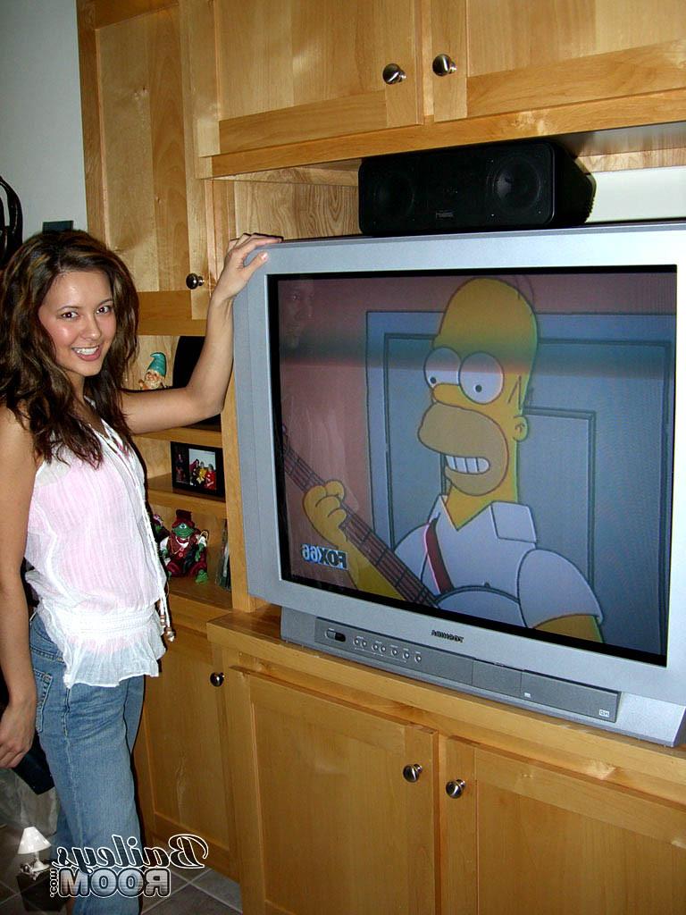 15P Busty topless teen watching tv in her cute panties