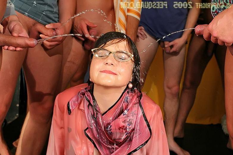 19P Spectacled lady bukkaked and pissed on by guys in pajamas