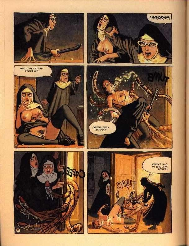 15P horny nun squats down on huge long devil cock