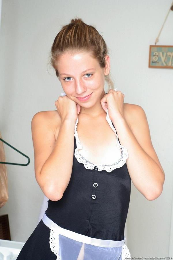 15P Tiny maid rubs her hairless little cunt