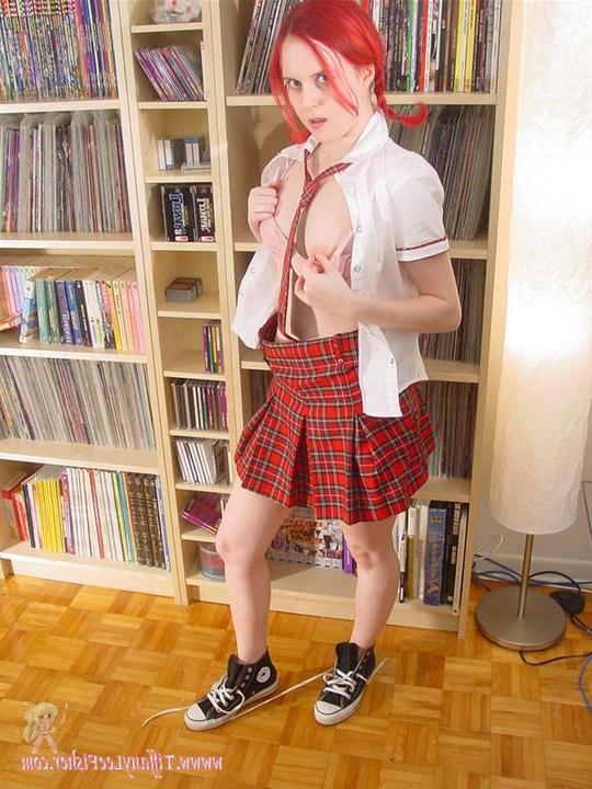16P Pretty Tiffany taking off her sexy school uniform in the library