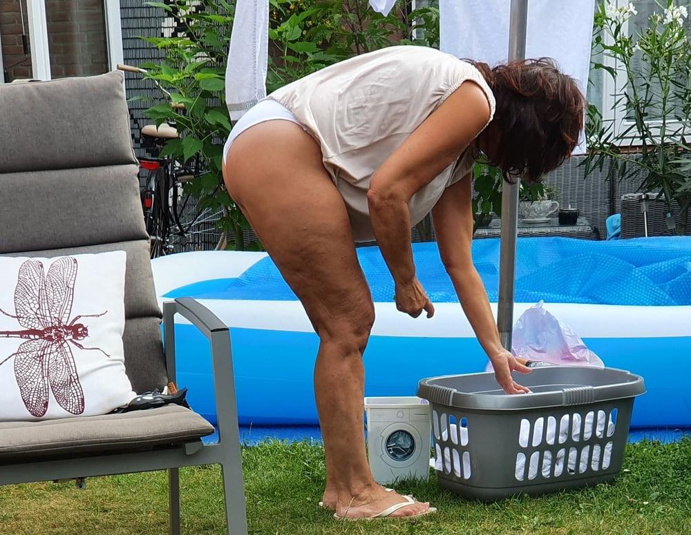 9P Doing Laundry in white panties