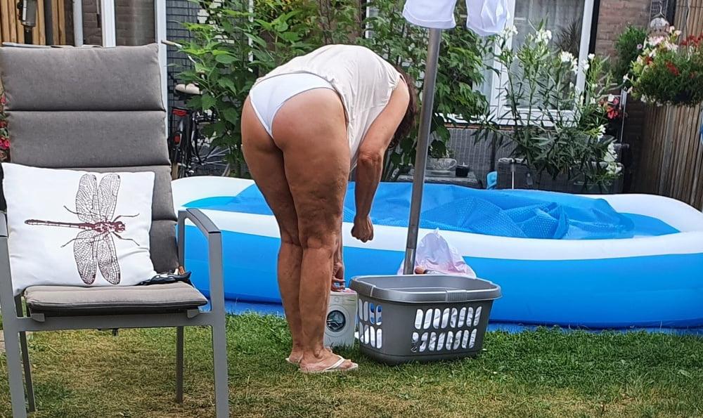 9P Doing Laundry in white panties
