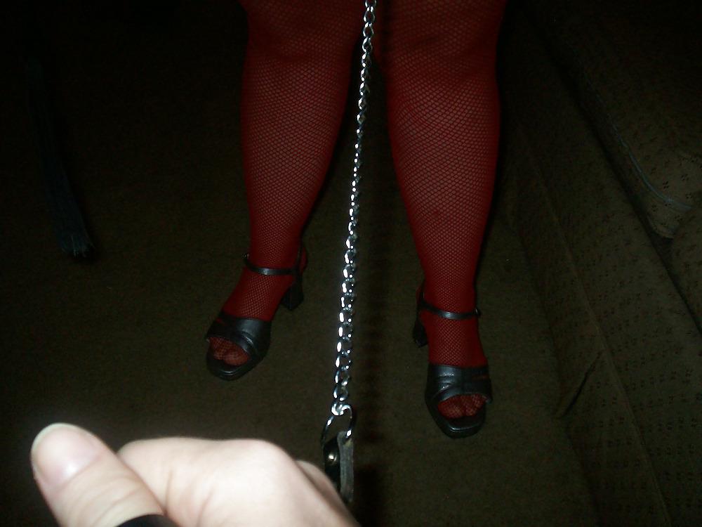 25P My wife in red body suit on a collar n leash