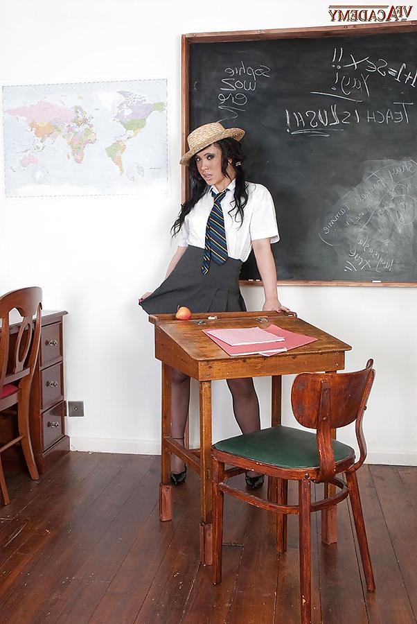 15P Sexy Brunette Hannah schoolgirl stockings heels