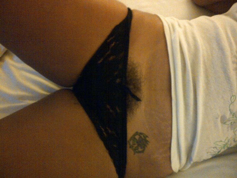 25P Hairy mile shows nice bush in and out of panties. Comment !!