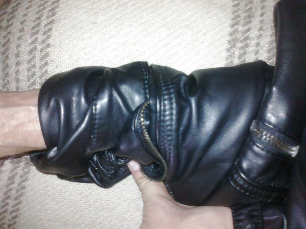 18P Cum with my sister's leather jacket
