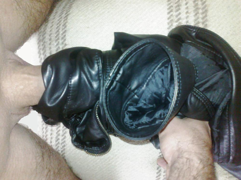 18P Cum with my sister's leather jacket